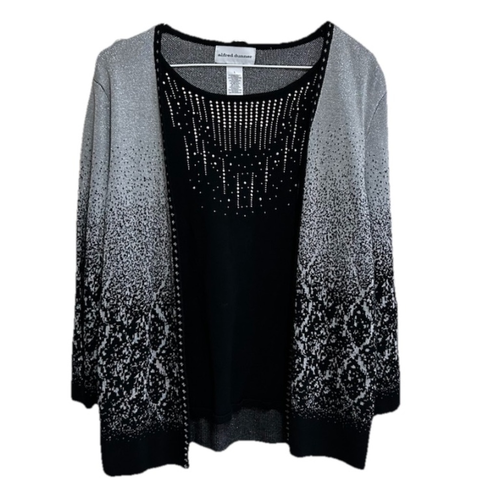 Alfred Dunner Sweater Cardigan Size Large Black Silver Open Front Bling